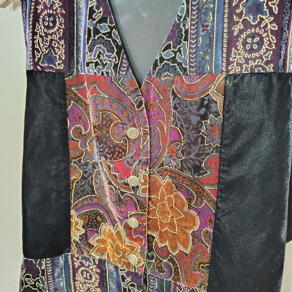 Vtg Women's 80s 90s Boho Patchwork Velvet Floral Vest Gold Accents Baroque Large - Picture 3 of 9